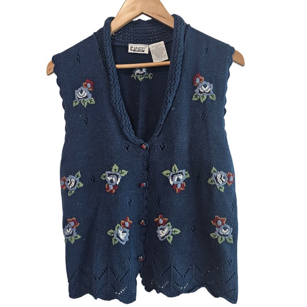 Vintage Flower Sweater Vest Women Small Blue Cottage Coquette Grandmacore Boho